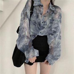 Women's Blouses Tops Women Sexy Mesh Sunscreen Short Navel Shirt Tie Dye Tee Sheer Blouse Babes Pullover Y2K Street Wear Cool