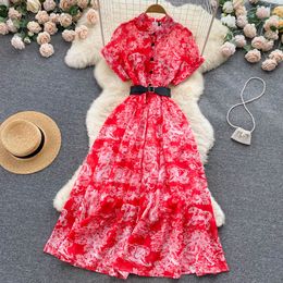 Summer Women's Dress National Style High Level Feel Slim Waist Short Sleeve Dress French chic stunning mid length skirt