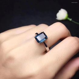 Cluster Rings Fashion Elegant Simple Square Natural Blue Topaz Ring S925 Silver Gemstone Women Girl Party Gift Jewelry