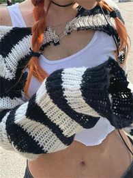 Women's Knits Tees Tossy Knit Shrugs Tops For Women Black And White Striped Mini Cardigan Knitwear Long Sleeve Drop Shoulder Shrug Top Y2k Egirls 230324