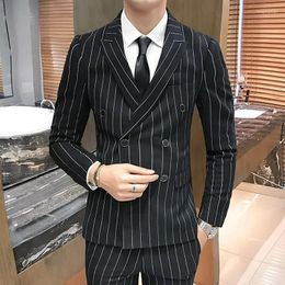 Men's Suits Men's 3 Pieces Polyester Lapel Black Navy Blue Double Breasted Striped Casual Slim Fit Wedding For Men Jacket Vest Pants