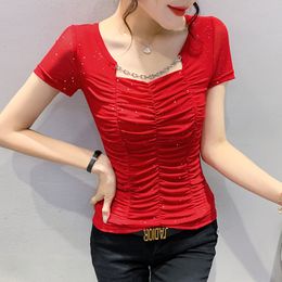 Women's T-Shirt Summer Short Sleeved Women's T-Shirt Fashion Casual Solid Colour Square Collar Drilling Mesh Tops Plus Size Blusas 230324