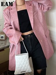 Women's Jackets EAM Loose Fit PU Leather pink Colour Big Size Jacket Lapel Long Sleeve Women Coat Fashion Spring Autumn 2023 1DE7758 230324