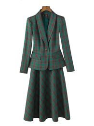 Two Piece Dres Formal Skirt Suit Elegant Ladies Green Coffee Plaid Long Sleeve Blazer ALine For Business Work Wear 2 Set 230324