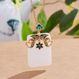 Chains Inspired Design Natural Hetian White Jade Necklace Retro Enamel Pendant Light Luxury Chinese Style Jewellery Hanfu Accessories