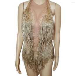 Stage Wear Gold Rhinestones Fringes Backless Latin Bodysuit Women Sexy Nightclub Performance Dance Costume Party Evening 2023