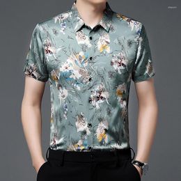 Men's Casual Shirts Mens Short Sleeve Floral Printed Silk Tops 2023 Summer Fashion Printing Streetwear Male Smooth Satin Flowers