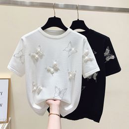 Women's T-Shirt Black White Batterfly Nail Bead Short Sleeved Summer Style Top Fashion Blouses Vintage Clothes For Women Female Cloth 230324