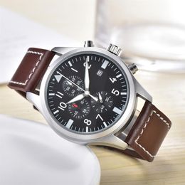 High quality mens watches quartz movement pilot watch all dial work chronometre wristwatch leather strap stainless steel case wate359k