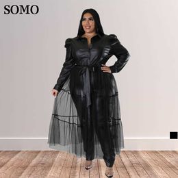 Plus Size Dresses Somo New Women Clothing Leather Patchwork Mesh Black Long Sleeve Chic Maxi Dress Wholesale Dropshipping 230307