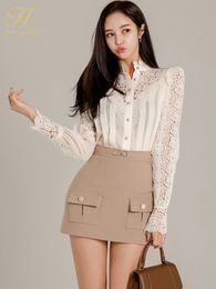 Two Piece Dress H Han Queen Spring Skirt Suit Women Elegant Korean Fashion Lace Shirts Sheath Pencil Simple Casual 2Piece Set 230324