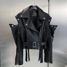 Women's Jacket Coat Spring Short Length Moto Biker 2023 Fashion Luxury TurnDown Collar Outerwear With Belt 230324