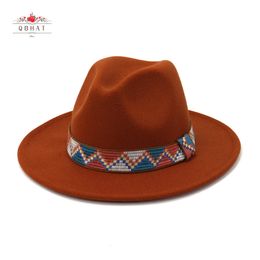 Chapéus Stingy Brim QBHAT Chapéus Fedora com Faixa de Algodão Aba Larga Feminino Masculino Feltro Jazz Boné Trilby Elegante Feminina Festa Casamento Igreja Vestidos Chapéu 230324