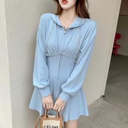 Casual Dresses COIGARSAM Women One Piece Korea Dress Autumn 2023 Long Sleeve Hooded High Waist Sky Blue Grey Robe Vestidos