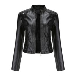 Women's Jackets Rivet Motor Woman's Black Leather Crop Top Streetwear Spring Soft Faux Coats Stand Collar 230324