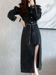 Ethnic Clothing Autumn Women Elegant Casual Midi Denim Dress Ladies Vintage Slim Split Sexy Party Jeans Vestidos Femme Fashion Korean Robe 230324