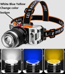 White Yellow Blue Light Led Headlamp Built in Battery Fishing Rechargeable Bulbs Headlight Head Flashlight Lamp Torch For Hunting Camping