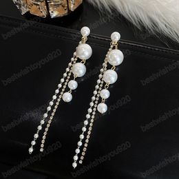 Korean Fashion Full Pearl Long Tassel Rhinestone Dangle Earrings For Women 2023 New Design Hangable Ear Line Earring Jewelry