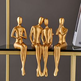 Decorative Objects Figurines Abstract Golden Sculpture Figurines for Interior Resin Figure Statue Modern Home Decor Desk Accessories Nordic Room 230324