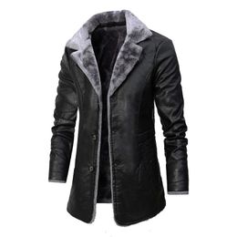 Men's Leather Faux Winter Jacket Lapel Fleece Motor Biker Business Casual Long Coats Brand Clothing 230324