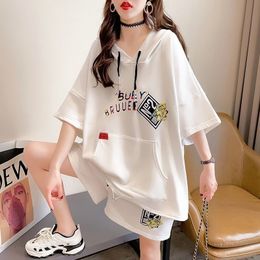 Women's Tracksuits Shorts Suit Summer Plus Size Clothing Loose Korean Short Sleeve Long Tops Casual Sports Two Piece Set For Women 230324