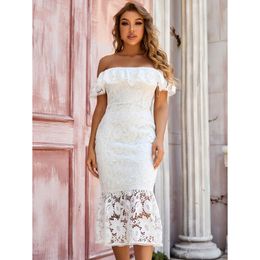 Casual Dresses Women Summer Ladies Sexy Off Shoulder Ruffles Lace Black White Midi Bodycon Bandage Dress 2023 Elegant Evening Party Club