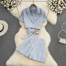 Two Piece Dress Fashion Suit Women's Summer Notched Collar Slim Crop Shirt TwoPiece High Waist Pleated Short Skirt Korean Blazer Outfit h1576 230324