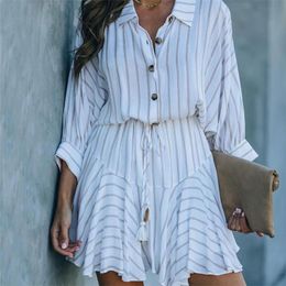 Casual Dresses Women Shirt Plus Size Button Up Sash Tassel White 3/4 Sleeve Oversized Striped 2023