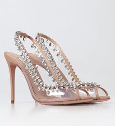 Summer Luxury Women Temptation Sandals Shoes Aquazzura Crystal-embellished High Heels Leather & PVC Lady Open Toe Sexy Dress Party Slingback