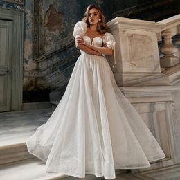Amazing Beaded Wedding Dresses Lace Appliqued Bridal Gowns Sweetheart Neckline With Short Sleeves A Line Sweep Train Tulle Vestido De Novia