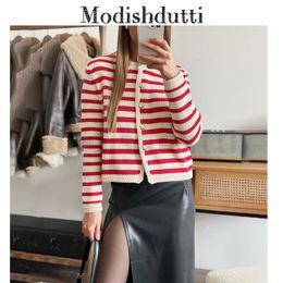 Women's Knits Tees Modishdutti 2023 High Quality Spring Women Fashion Red Striped Knitted Sweater Cardigans Female Casual Chic Button Tops Ladies 230324