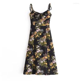 Casual Dresses Evfer Women Vintage Lemon Floral Print Summer Black Sling Dress Chic Girls Front Lace Up Bow Slim Fashion Chiffon Femme