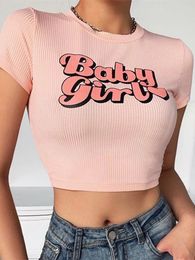 Women's T Shirt hirigin Fashion Letter Printed Short Sleeve Vintage Crop Top 2023 Summer Women Sexy Skinny T Shirt Female Streetwear Tee Tops 230325