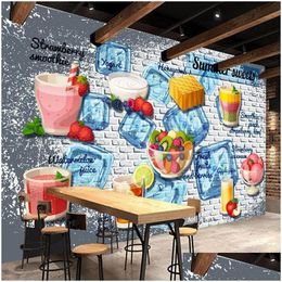 Sfondi personalizzati di qualsiasi dimensione Carta da parati murale 3D Negozio di bevande fredde Tè al latte Succo di frutta Muro di mattoni Sfondo Carta Pvc Impermeabile Sticke Dhtrs