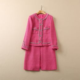 Spring Round Neck Tweed Solid Colour Panelled Coat Dress Hot Pink Long Sleeve Pockets Single-Breasted Casual Dresses S2O080115