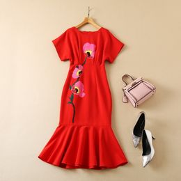 Spring Round Neck Floral Panelled Dress Black / Red Short Sleeve Sequins Mermaid Casual Dresses S2O080116 Plus Size XXL