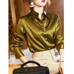 Women's Blouses Elegant Office Button Up Long Sleeve Shirts Momi Silk Crepe Satin Business Ladies Tops Brand Quality Luxury Women Shirt