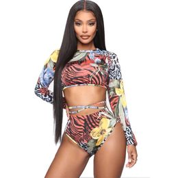 Women's Swimwear Women Printed 2Pcs Swimsuit Long Sleeve Backless Crop Tops With Removable Breast Pad And High Waist Triangle Bottoms Bikini