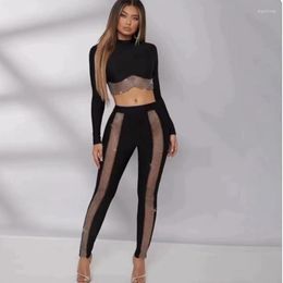 Women's Two Piece Pants Wholesale Wear Black Long Sleeves Diamond Bandage Top&Trousers Sexy Set Celebrity Party Sets