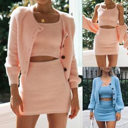 Work Dresses 2023 Ladies Fashion Suit Sexy Slim Waist Strap Cardigan Three-piece Solid Color Vacation Leisure Short Skirt Women