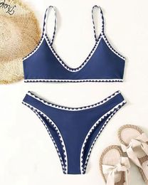 Women's Swimwear Blue Vneck Trim Sexy Backless High Rise Twopiece Split Bikini 2023 Beach Swimsuit 230325