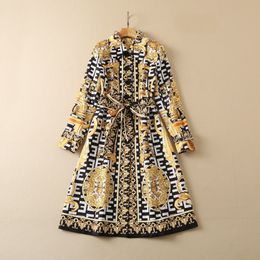 Spring Notched-Lapel Paisley Print Belted Trench Coat Black / Ivory Long Sleeve Buttons Single-Breasted Long Outwear Coats S2O08CT XXL