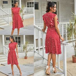 Casual Dresses Women Summer Dot Print Ruffled For Butterfly Sleeve Midi Long Dress Lady Fashion A-Line Loose Fit Vintage Red Beach 10CD