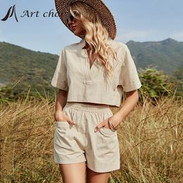 Women's Shorts Summer Two Piece Set Pullover Tracksuit Casual Outfit Suits Women Solid T Shirt Tops Cotton And Linen Shorts Pants 2 Piece Sets 230325