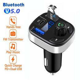 Car Bluetooth 5.0 FM Transmitter Dual USB PD Type C Fast Charge Car Charger Bluetooth Microphone Handsfree Car FM Modulator