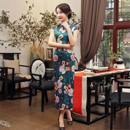 Ethnic Clothing Long Style Woman Print Chinese Traditional Costumes Qipao Cheongsam Dress Short Sleeve Oriental Bodycon Satin