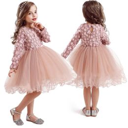 Girl's Dresses Spring Little Girls Flower Lace Princess Party Children Holiday Mesh Tutu Kids Long Sleeve Casual Clothing Y2303