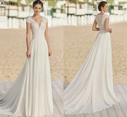 V Neck Boho Beach A Line Wedding Dresses Cap Sleeves Charming Chiffon Lace Maternity Bridal Gowns Buttons Back Sweep Train Reception Party Dress For Bride CL2080