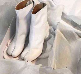 Tabi Women Boots Split Toe Cream Coloured Leather Buckle Chunky Block Heels Booties Botas Feminina Shoes Woman ssc