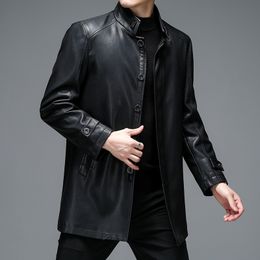 Men's Leather Faux Winter Mens Business Casual Sheepskin Jacket Black Long Coat Male Lapel Plus Velvet Brand Clothing Fashion Outerwea 230325